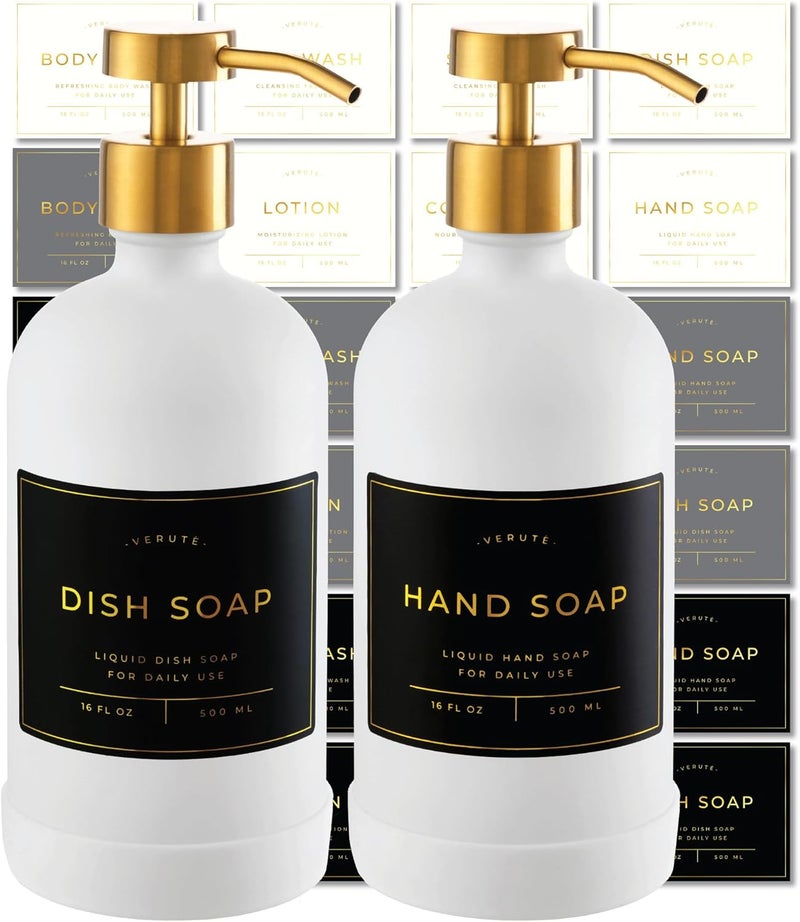 Verute Hand and Dish Soap Dispenser for Kitchen and Bathroom, Set of 2 16 Oz Glass Bottles, Stainless Steel Pumps, Non-Slip Silicone Base, 27 Waterproof Labels (Matte White Bottle/Brushed Gold Pump) - Image 1